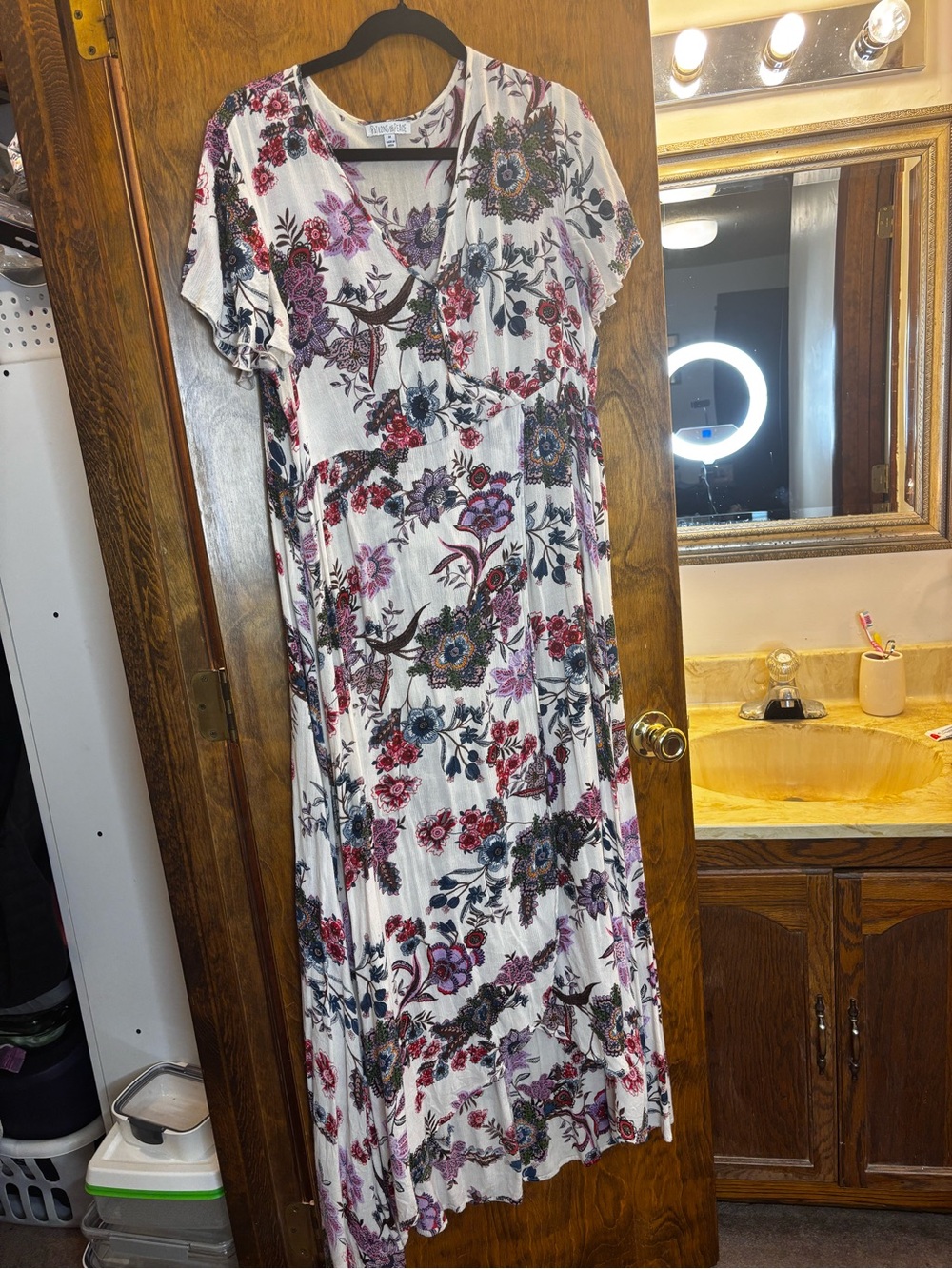 Floral Wrap Skirt Maxi Dress in White with Pink & Blue Blooms - Comfort Fit